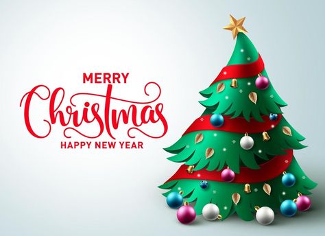 Christmas tree vector background design. Merry christmas greeting text in empty space with pine tree element and colorful ornaments for holiday season card decoration. Vector illustration. Season Greetings Card Design, Vector Background Design, Christmas Tree Vector, Colorful Ornaments, Blue Background Wallpapers, Gift Tags Birthday, Seasons Greetings Card, Tree Vector, Card Decoration