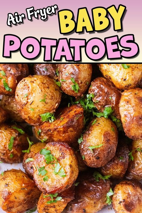 Air fryer baby potatoes with a text title overlay. Air Fryer Baby Potatoes, Garlic Potatoes Recipe, Baby Potato Recipes, Baby Potato, Fried Potatoes Recipe, Air Fry Potatoes, Vegan Slow Cooker Recipes, Vegan Slow Cooker, Homemade Coleslaw