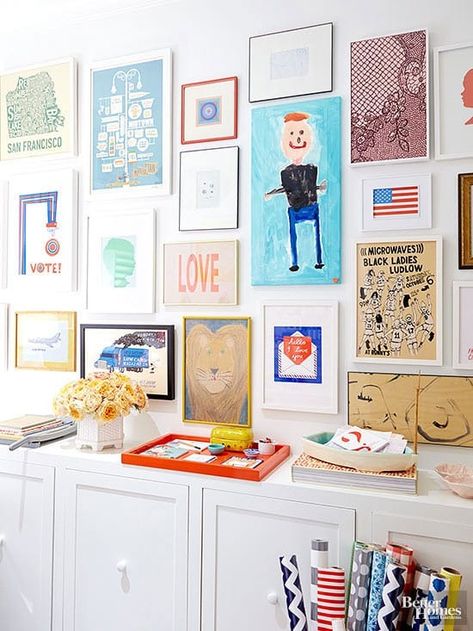 How To Display Kids' Art | Pop Talk | SwatchPop! Cool Wall Art Ideas, Playroom Playhouse, Kids Playroom Ideas For Boys, Office Wall Art Ideas, Playroom Ideas For Boys, Playroom Floor, Playroom Decorating Ideas, Modern Wall Decor Ideas, Diy Frame Ideas