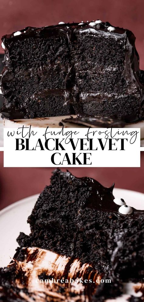 Black velvet cake - moist black chocolate cake with black fudge frosting! Naturally colored with black cocoa for a unique Oreo-like flavor; it's a rich chocolate dessert perfect as a Halloween cake, for birthdays, and more! Mrs Trunchbull Cake, Giant Chocolate Lava Cake, Kaluah Cake Recipes, Best Chocolate Recipes Desserts, Black Velvet Halloween Cake, Black Velvet Chocolate Cake, Brownie Recipes Cake Like, Ina Garten's Chocolate Cake, Chocolate Cake For Thanksgiving