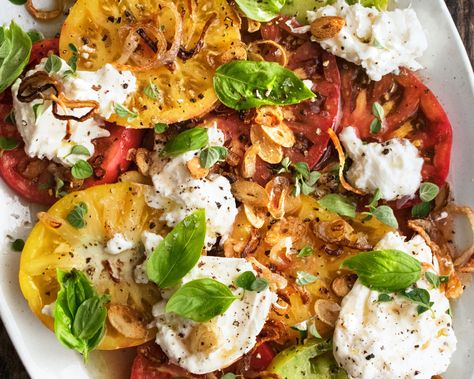 Tomatoes & Burrata with Crispy Shallot Vinaigrette Tomatoes Burrata, Salad With Burrata, Peach Caprese, The Original Dish, Burrata Salad, Crispy Shallots, Summer Grilling Recipes, Grilled Peaches, Fresh Oregano