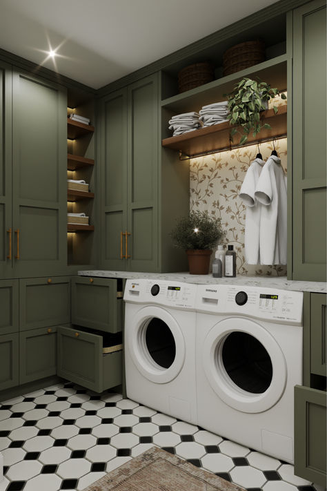 Chic and serene laundry room where style meets functionality. The olive green cabinetry exudes calm, perfectly complemented by the floral wallpaper that adds a touch of vintage charm. With its clever storage and solutions and cozy aesthetic. Combined Laundry And Bathroom Layout, Efficient Home Design, Combined Laundry And Bathroom, Green Laundry Room, Laundry Bathroom Combo, Laundry And Bathroom, Green Laundry, Laundry Room Wallpaper, Aesthetic Space