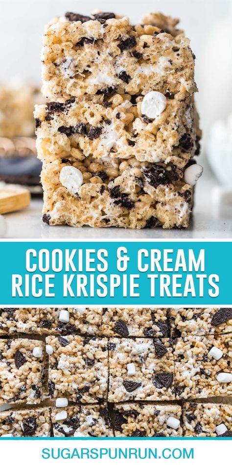 These cookies and cream rice krispie treats are a fun spin on the classic dessert! They're fully loaded with crushed Oreo cookies and plenty of mini marshmallows, and they take just minutes to prepare. Cookies And Cream Rice Krispie Treats, Oreo Rice Crispy Treats, Rice Krispie Treats Variations, Oreo Rice, Rice Krispie Squares, Crushed Oreo, Bark Recipes, Creamed Rice, Vacation Food