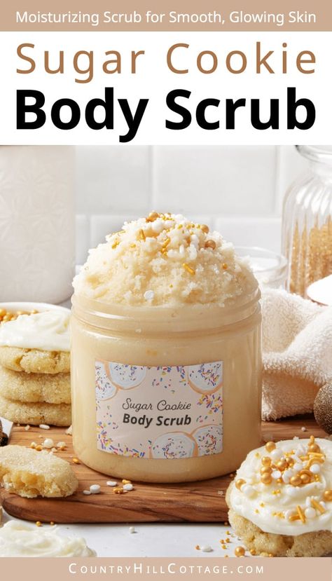 Sugar Cookie Scrub, Sugar Cookie Body Scrub, Cookie Body Scrub, Easy Body Scrub, Diy Sugar Cookies, Body Scrub Homemade Recipes, Scrub Recipe Diy, Diy Body Scrub Recipes, Diy Sugar Scrub Recipe