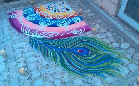 Mor Pankh Rangoli, Rangoli Border, Simple Rangoli Border Designs, Rangoli Borders, Rangoli Border Designs, Border Designs, Krishna Janmashtami, Beautiful Rangoli Designs, Easy Rangoli