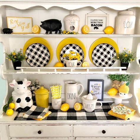 Lemon Theme, Sunflower Kitchen Decor, Lemon Kitchen Decor, Yellow Kitchen Decor, Kitchen Hutch, Hutch Decor, Black Farmhouse, Lemon Kitchen, Sunflower Kitchen