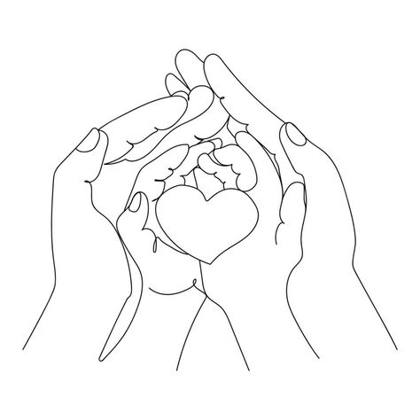 Little baby hands with heart in adult parental hands of mom and dad,One line art drawing Minimal design vector illustration.Happy family,care,child protection concept. Happy Line Art, 4 Children Tattoos For Moms, Family Of 4 Drawing, Parent And Child Drawing Reference, Parents Drawing, Mom Line Art, Baby Hand Tattoo, Family Drawing Illustration, Couples Scrapbook