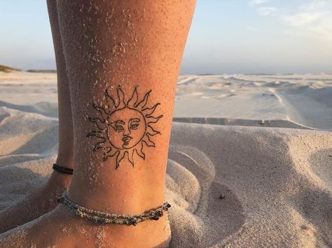 Earthy Ankle Tattoo, Sun And See Tattoo, Ankle Tattoo For Man, Sun On Ankle Tattoo, Ankle Beach Tattoos, Sun Tattoo On Ankle, Outside Ankle Tattoo, Ankle Sun Tattoo, Men’s Ankle Tattoo