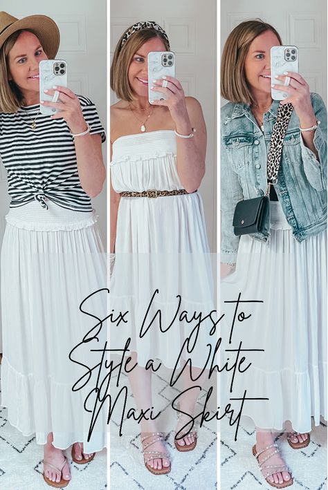 Long White Boho Skirt Outfit, What To Wear With A Long White Skirt, Styling A Long White Skirt, How To Style A White Maxi Skirt, White Peasant Skirt Outfit, White Tiered Maxi Skirt Outfit, Outfits With Long White Skirt, White Cotton Skirt Outfit, White Boho Skirt Outfit