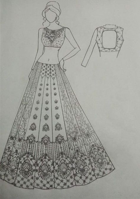 Bridal Lehenga Sketch Drawing, Bridal Sketches Indian Pencil, Lehenga Drawing Sketches, Hai Tamanna, Frock Drawing, Bridal Fashion Illustration, Fashion Model Sketch, Fashion Illustration Tutorial, Fashion Design Books