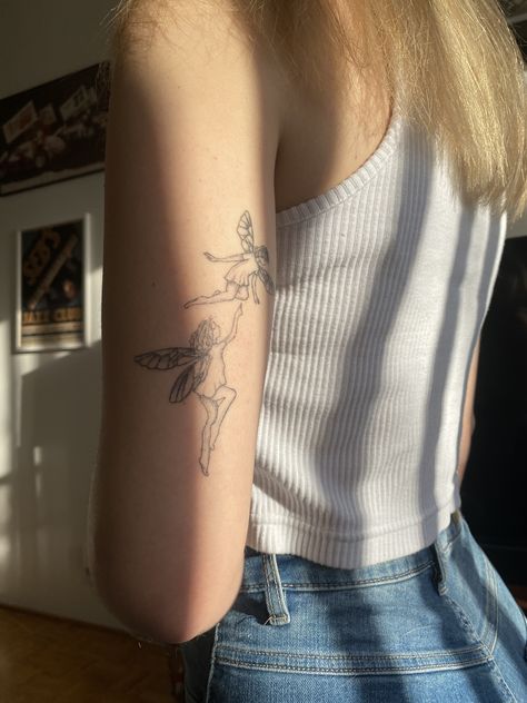 Back Arms Tattoos For Women, Cool Upper Arm Tattoos Women, Upper Arm Fairy Tattoo, Behind Upper Arm Tattoos For Women, Tattoo Back Of Upper Arm, Fairy Tattoo Back Of Arm, Women Side Arm Tattoo, Upper Outer Arm Tattoo, Arm Tattoos Line Work