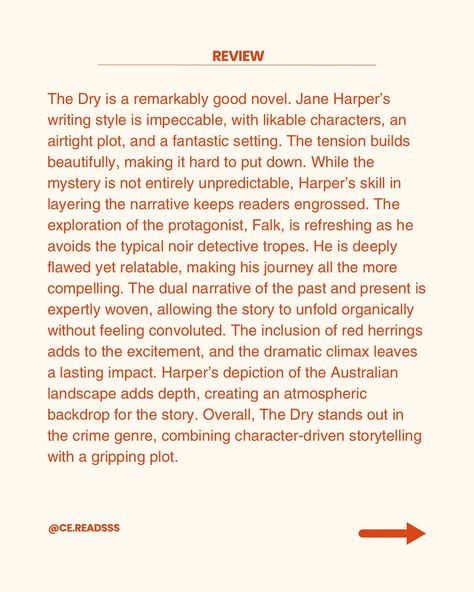 Throwing it back to the book that got me back into reading as an adult after moving across the world: The Dry by Jane Harper (@janeharperauthor ) 🌾 This atmospheric mystery, set in the Australian outback, completely reignited my love for books. After relocating, this was the perfect story to lose myself in, reminding me just how powerful a good book can be. Inspiration for this post comes from @miss.tuned but Instagram won’t let me tag them right now! #Bookstagram #TheDry #JaneHarper #Back... Jane Harper, Noir Detective, Lose Myself, Throwing It Back, Australian Outback, Best Novels, Writing Styles, My Love, Detective