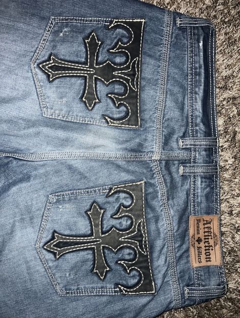 Cross Patch Jeans, Affliction Jeans, Affliction Clothing, Mcbling Fashion, Sick Clothes, Diy Pants, Diy Jacket, Diy Clothes Design, Custom Jeans