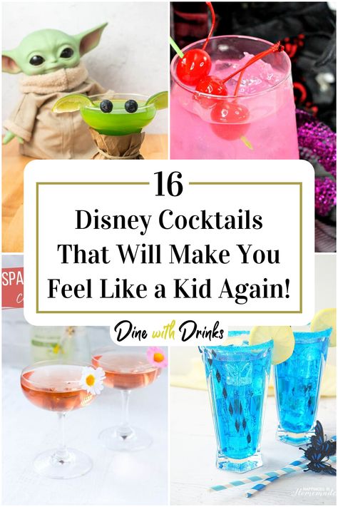 Collage of 4 disney cocktails. Minnie Mouse Cocktail, Disney Themed Drinks Alcoholic Beverages, Disney Cocktails Recipes, Disney Princess Drinks, Disney Inspired Drinks, Disney Themed Cocktails, Movie Inspired Cocktails, Disney Themed Drinks, Stitch Cocktail