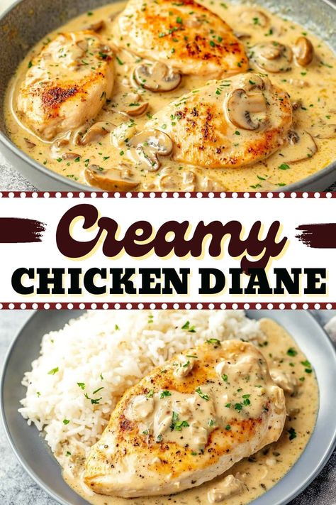 This Creamy Chicken Diane recipe features tender chicken breasts in a luscious cream sauce with mushrooms, shallots, garlic, Dijon, and a splash of brandy. Serve it with egg noodles to soak up the delicious sauce. Delicious Dinner For 2, While Food Dinner Ideas, Easy Weekday Chicken Dinners, Baked Chicken In Sauce Recipes, Creamy Chicken Diane, Chicken With Half And Half, White Cream Sauce For Chicken, Chicken And White Sauce, Dinner Ideas With Chicken Tenders