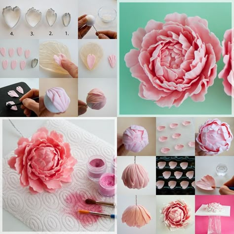 Clay Peony Tutorial, Peony Polymer Clay Flower Tutorial, Fondant Peony Tutorial, Polymer Clay Flowers Tutorial, Peony Tutorial, Polymer Clay Ideas, Flowers Polymer Clay, Sugar Paste Flowers, Sugar Flowers Tutorial