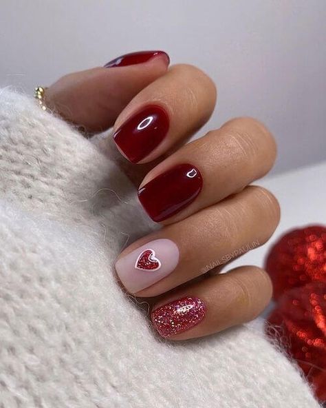 Looking for cute and romantic red Valentines Day nails ideas? Check this post for the 70+ trendy red Valentine's Day nail design ideas that you'll love! Valentine Manicure Short Nails, Valentine’s Nails Red, Valentine’s Day Dip Nail Ideas, Valentines Day Nails Maroon, Valentine Nails 2024 Trends, Fall Nails With Hearts, Valentines Nail Art Designs Heart Simple, Valentine Short Nail Designs, Low Key Valentines Nails