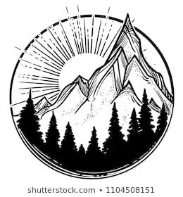 Sun Mountain Tattoo, Sun And Mountain Tattoo, Mountain Sun Tattoo, Mountain And Sun Tattoo, Sillouttes Images, Meditation Symbols, Nature Symbols, Illustration Nature, Mountain Drawing