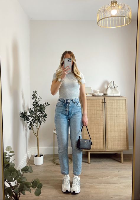 Mango mom jeans in bleach light … curated on LTK Light Mom Jeans, Basic Tee, Mom Jeans, Bleach, Mango, Sneakers, Quick Saves