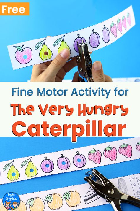 The Very Hungry Caterpillar activity - a fun way for preschoolers to practice fine motor and pre-reading skills. Include a free printable! #hungrycaterpillar #finemotor #preschool #booksandgiggles Caterpillar Activity, Caterpillar Preschool, Eric Carle Activities, The Very Hungry Caterpillar Activities, Hungry Caterpillar Activities, Insects Preschool, Bugs Preschool, Fine Motor Activity, Preschool Fine Motor