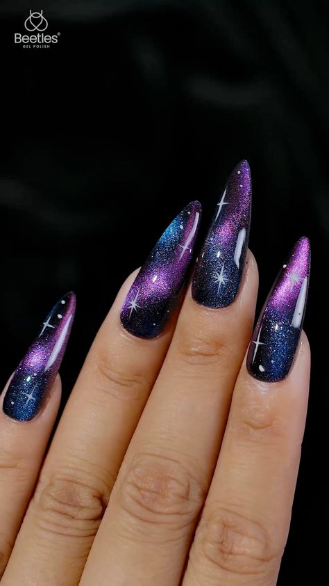 Beetles Gel Nail Polish 36 Colors Cat Eye Gel Polish Set Nail Polish Art Designs, Shiny Nails Designs, Galaxy Nail Art, Cat Eye Nails Polish, Eye Nail Art, Space Nails, Cat Eye Gel Polish, 2024 Nails, Galaxy Nails