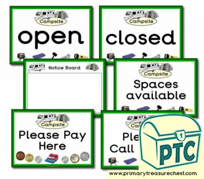 Caravan Park / Campsite Role Play Resources - Primary Treasure Chest Campsite Signs, Play Corner, Classroom Banner, Ourselves Topic, Display Banners, Caravan Park, Book Labels, Tourist Information, Teaching Activities