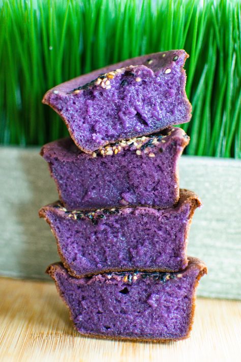 MUST TRY UBE PASTE Butter Mochi; made with lots of butter, sweet condensed milk, coconut cream Condensed Milk Mochi, Ube Mochi Muffin Recipe, Ube Muffins Recipe, Ube Mochi Brownies, Ube Sweetened Condensed Milk, Recipes Using Ube Condensed Milk, Ube Butter Mochi Recipe, Ube Condensed Milk Recipe, Ube Mochi Cake