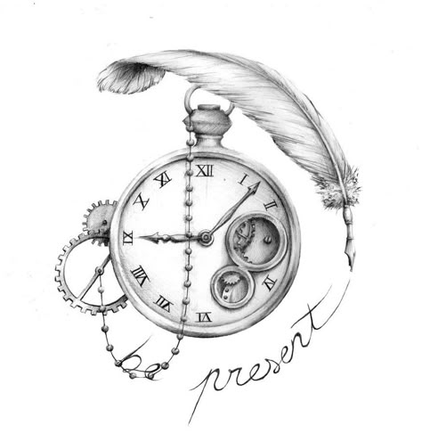 Be Present by 05Na Kunst Tattoos, Pocket Watch Tattoo, Tattoo Templates, Cat Tattoos, Inspiration Tattoos, Watch Tattoos, Tiny Tattoo, Clock Tattoo, Feather Tattoo