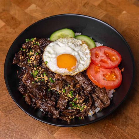 Filipino Beef Tapa - Tapsilog - GENIUS EATS Cured Beef, Beef Tapa, Filipino Breakfast, Garlic Fried Rice, Marinated Beef, Beef Sirloin, Filipino Dishes, Garlic Fries, Shredded Lettuce