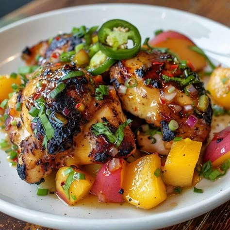 Peach Chicken, Glazed Chicken, Boneless Skinless Chicken Thighs, Peach Recipe, Skinless Chicken Thighs, Sweet Sauce, Boneless Skinless Chicken, Grilled Vegetables, Spicy Recipes