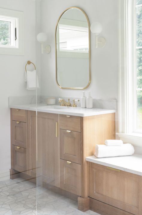 Contemporary Bathroom Renovation | Desiree Burns Interiors White Oak Vanity, Custom Window Seat, Outdated Bathroom, Oak Vanity, Marble Flooring, Classic Bathroom, Brass Fixtures, Organic Living, Key Design