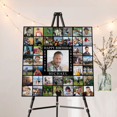 Birthday 41 Photo Collage Name Age EST Year Black Foam Board | Zazzle 80th Birthday Picture Board Ideas, Photo Board Ideas 80th Birthday, 50th Birthday Picture Board, Birthday Picture Collage Ideas, Picture Display Ideas For Party, Picture Poster Board Ideas, Birthday Memory Board, Birthday Picture Board, Party Photo Display