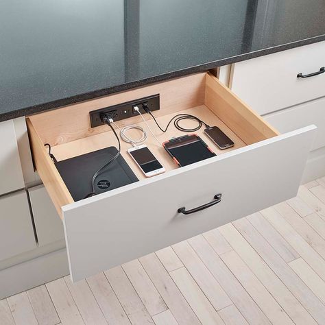 Tech Drawer, Charging Station Kitchen, Charging Drawer, Charging Station Drawer, Docking Drawer, Drawer Design, Cabinet Space, Kitchen Drawers, Cabinets Organization