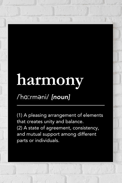 Black wall art for bedroom or living room with harmony definition, white typography, black background. Find the definition of harmony on art prints, posters, pillows, blankets, coffee mugs and much more. Bedroom decor inspiration, harmony quotes, bedroom aesthetics, couples home decor ideas, soulful home decor, beautiful word definitions, #lagunaklein #harmony #bedroomdecor, black wall art for bedroom, white brick wall with black poster, nordic bedroom, bedroom wall ideas Word Definition Wall Art, Couple Bedroom Decor Ideas Wall Art, Harmony Definition, Sauna Room Decor, Harmony Meaning, Couples Home Decor, Harmony Quotes, Bedroom Wall Ideas, Harmony Tattoo