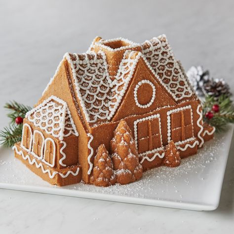 Simplify your family tradition, Gingerbread House Bundt Cake is so easy to make and decorate. No crumbling walls or crying kids, and yes, it's delicious! Nordic Ware Gingerbread House, Gingerbread Cake Recipe, Gingerbread House Recipe, Pane Dolce, Gingerbread House Kits, House Cake, Individual Desserts, Gingerbread Cake, Bundt Cakes Recipes