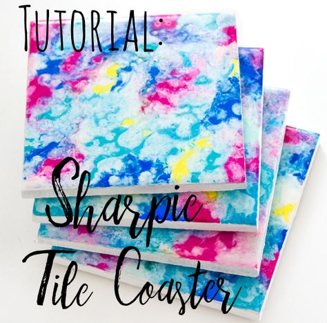 Colourful Sharpie Tile Coaster Craft — Doodle and Stitch Things To Do With Ceramic Tiles, Sharpie Ceramic Diy, Sharpie Coasters Tile Diy, Sharpie And Alcohol Art Tile Coasters, Diy Painted Gifts, Tile Painting Craft, Ceramic Coaster Painting Ideas, Tile Diy Crafts, Tile Art Diy