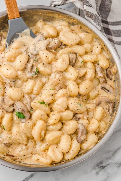 Gnocchi Mushroom Soup, Creamy Garlic Gnocchi, Creamy Mushroom Gnocchi, Gnocchi Mushroom Cream Sauce, Gnocchi Crockpot Recipes, Creamy Gnocchi Recipes, Crockpot Gnocchi, Gnocchi Mushroom, Mushroom Gnocchi