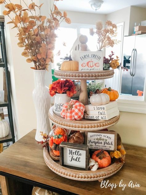 Fall Three Tiered Tray - Blogs by Aria 3 Tier Fall Stand Decor, Teir Trays Decor Fall, Fall Teir Tray, Fall Three Tiered Tray, Fall Coffee Tiered Tray, Fall Bathroom Decor Ideas, Fall Tray Decor, Three Tier Tray, Fall Tray