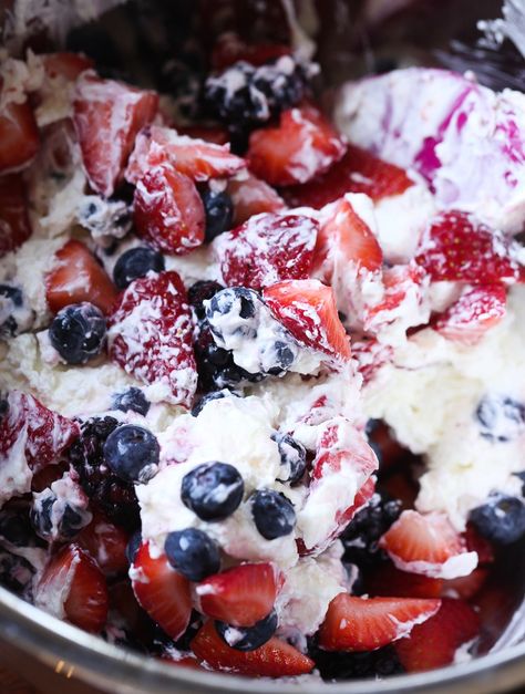 Berry Ambrosia Salad! Creamy and perfect for a summer cookout! Berry Ambrosia Salad, Ambrosia Salad Recipe, Chicken Sloppy Joes, Ambrosia Recipe, Salad Potato, Easy Teriyaki Chicken, Campfire Marshmallows, Fluff Desserts, Recipe Salad