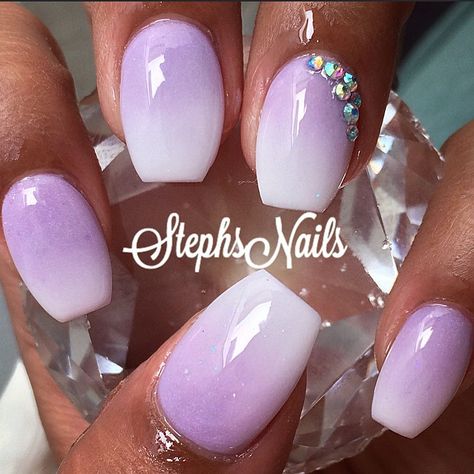 #lavender#white#ombre#acrylicombre#notpolish#love#simple#accentnail#diamonds#cute#coffinshape#stephsnails#plainjaneset Short Coffin Nails Designs, Purple Ombre Nails, Lilac Nails, Ombré Nails, Lavender Nails, Pastel Lilac, Short Coffin Nails, Coffin Shape Nails, White Ombre