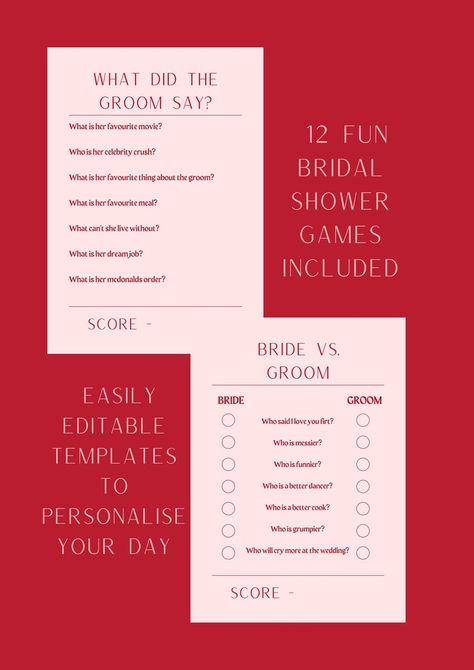 This template includes twelve editable games sure to impress the bride-to-be and get the party started! GAMES INCLUDED - 1- Would she rather 2- Around the world 3- Bride vs. Groom 4- What did the groom say? 5- How old was she? 6- Put a ring on it 7- Name that song 8- Date Night Idea 9- Marriage Advice 10- Guess the dress 11- Vow Mad Libs 12- Whose Memory? Vow Mad Libs, Kitchen Tea Games, Tea Games, Guess The Dress, Games Template, Would She Rather, Mad Libs, Get The Party Started, Put A Ring On It