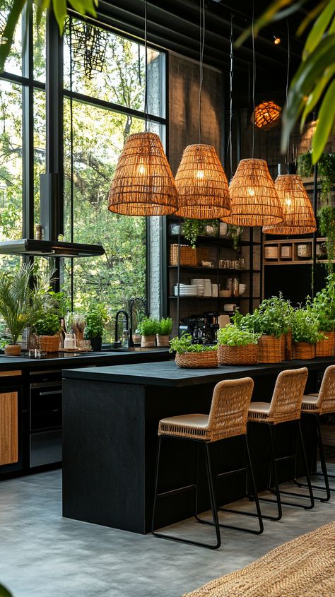 Cozy boho kitchen with natural light, wooden elements, rattan barstools, and greenery, featuring rustic cabinets and modern Tulum Kitchen, Modern Tropical Kitchen, Rattan Barstools, Rustic Wood Cabinets, Boho Chic Kitchen, Potted Herbs, Tropical Kitchen, Ranch Kitchen, Rose Gold Kitchen