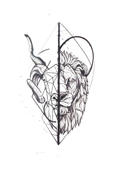 Lion And Aries Tattoo, Lion And Deer Tattoo, Ram And Lion Tattoo, Ram Tattoos, Tattoo Ram, Aries Ram Tattoo, Leo Zodiac Tattoos, Geometric Lion Tattoo, Leo Tattoo Designs