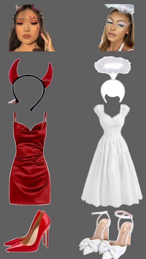 Demon and angel Devil Inspired Outfit, Devil Outfit, 2 Halloween Costumes, Demon And Angel, Angel And Devil Costume, Angel Costumes, Devil Inspired, Devil And Angel, Hairstyle And Makeup