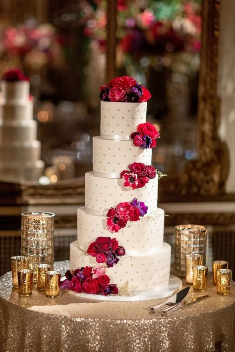 Glamorous Tiered Cake with Dotted Fondant and Red and Purple Flowers Purple And Red Wedding, Beach Wedding Groom, Purple Wedding Cake, Gold Reception, Purple And Gold Wedding, Pink Centerpieces, Red Wedding Theme, Purple Wedding Cakes, Purple Wedding Theme