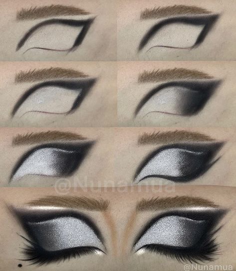 Black N White Makeup Looks, Cruella Deville Eye Makeup, Black White And Grey Eye Makeup, Black And White Makeup Ideas, Black And White Smokey Eye, Cruella Eye Makeup, White And Black Makeup Looks, White Eyeshadow Makeup Looks, Black And White Makeup Looks Eyeshadows