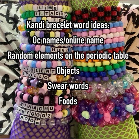 Word Ideas For Bracelets, Kandi Bracelet Word Ideas, Random Words To Put On Bracelets, Scenecore Bracelets, Words To Put On Kandi, Kandi Bracelets Ideas Words, Grunge Bracelet Ideas, Emo Kandi Ideas, Kandi Word Ideas