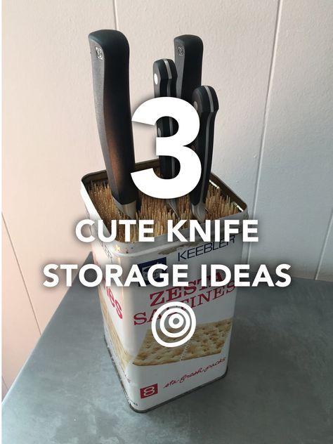 3 Clever Knife Storage Solutions. Knife storage doesn't have to mean a block. These DIY ideas will beat a kitchen drawer any day of the week, and add a cute decorative touch to your kitchen too! Knife Storage Diy, Diy Knife Storage, Knife Storage Ideas, Knife Block Makeover, Clever Knife, Kitchen Knife Storage, Diy Butcher Block, Diy Knife, Kitchen Organization Diy