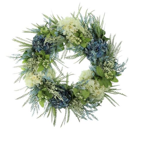 Blue And White Hydrangea, Heather Wreath, White Hydrangea Wreath, Silk Wreaths, White Hydrangeas, Faux Floral Arrangement, Hydrangea Wreath, Creative Display, Pillows Flowers