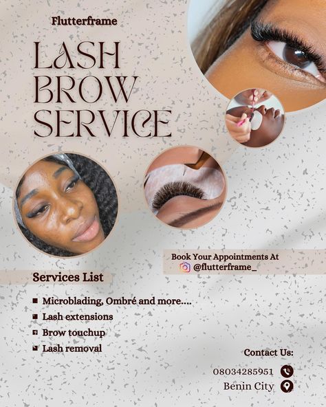 Excited to share this simple yet classy flyer design I created for @flutterframe_! 🌟 Their lash and brow services in Benin City are top-notch, and it was a pleasure to design something that reflects their amazing work. Need a standout flyer for your business? Let’s transform your ideas into art! DM me to get started. #GraphicDesign #FlyerDesign #ClientWork #Branding #DesignInspiration #LashAndBrow #Flutterframe #BeninCity #DesignShowcase #FCOPGraphics #DesignStudio #CreativeProcess #Visual... Eyelash Flyer Design, Lash Business Flyer Ideas, Lash Extension Flyer Design, Lash Flyer Design, Lash Flyer, Benin City, Beauty Business Cards, Into Art, Lash Extension